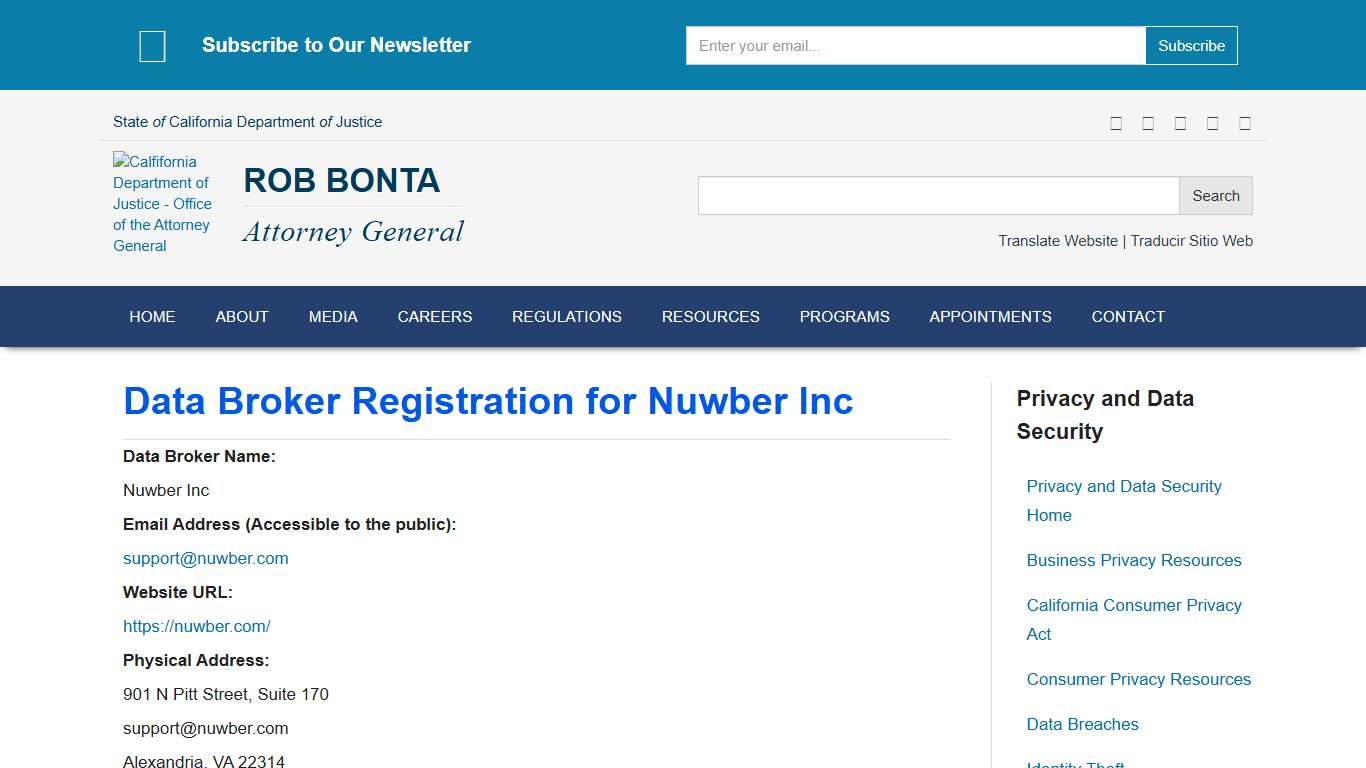 Data Broker Registration for Nuwber Inc State of California - Department of Justice - Office of the Attorney General